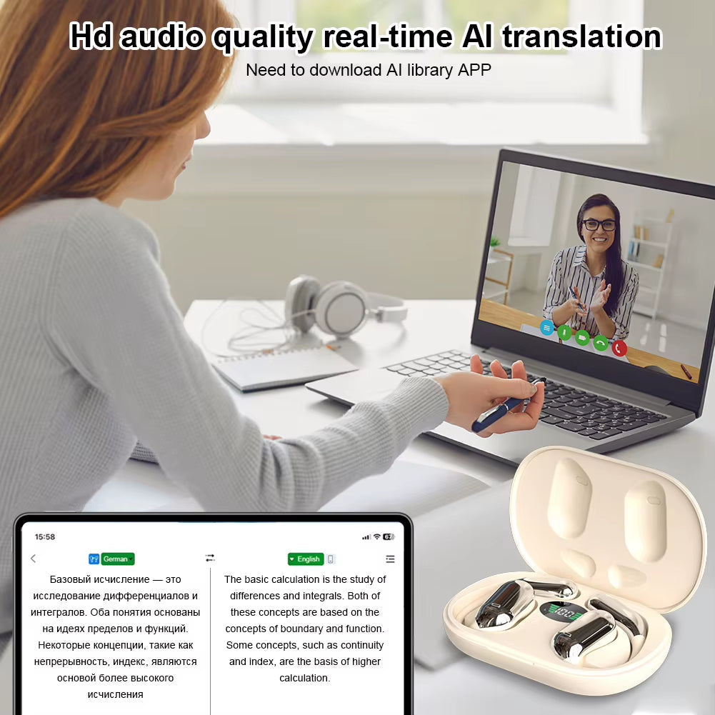 AI 3-in-1 Translator Earbuds: 140 Languages, Noise Cancelling Bluetooth 5.3 Headset with Instant Smart Voice Translation