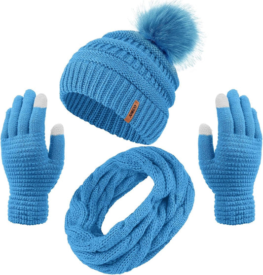 Women’s Winter Warm Knitted Set: Fur Pompoms Beanie, Circle Loop Scarf, and Touch Screen Gloves