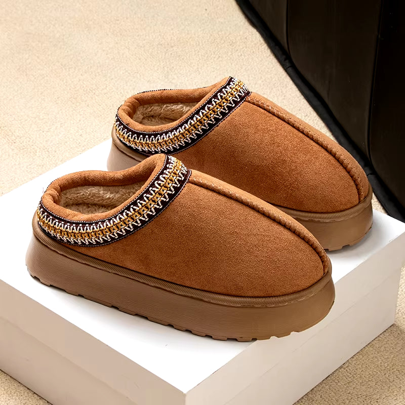 Woman Winter Slippers: Plush Interior, Anti-Slip Sole, Thick Bottom, Embroidered Fashion
