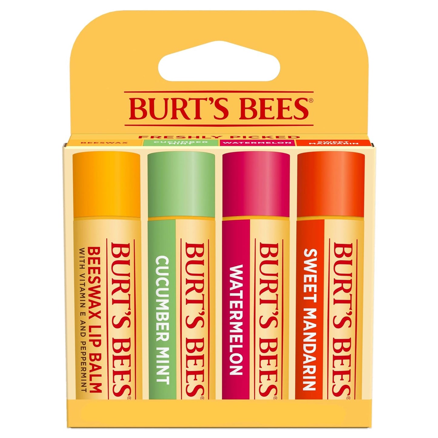 Burt’s Bees Lip Balm 4-Pack – Pink Grapefruit, Mango, Coconut & Pear, Pomegranate Flavors, Natural Beeswax Lip Moisturizer, Tint-Free, 0.15 oz Tubes