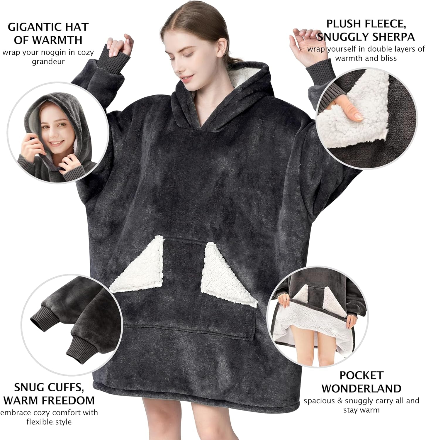 Touchat Wearable Blanket Hoodie for Adults – Oversized Sherpa Fleece Sweatshirt Blanket with Hood, Sleeves & Giant Front Pocket, Ultra-Warm Cozy Grey Gift for Women