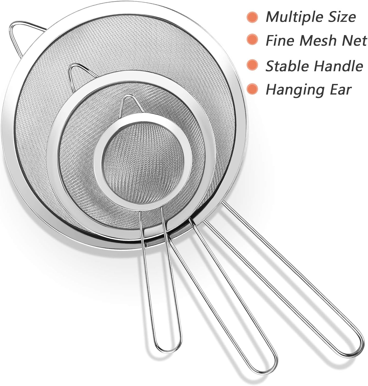 3PCS Stainless Steel Fine Mesh Strainer Set with Handle – Extra Fine Kitchen Sieves for Flour, Rice, Quinoa, Juice & Baking, Small Medium Large Sizes