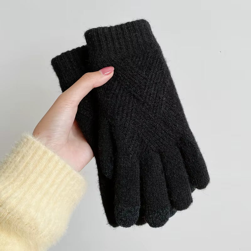 Fashion Cashmere Women Winter Double-Layer Thickening Warm Touch Screen Knitted Woolen Gloves