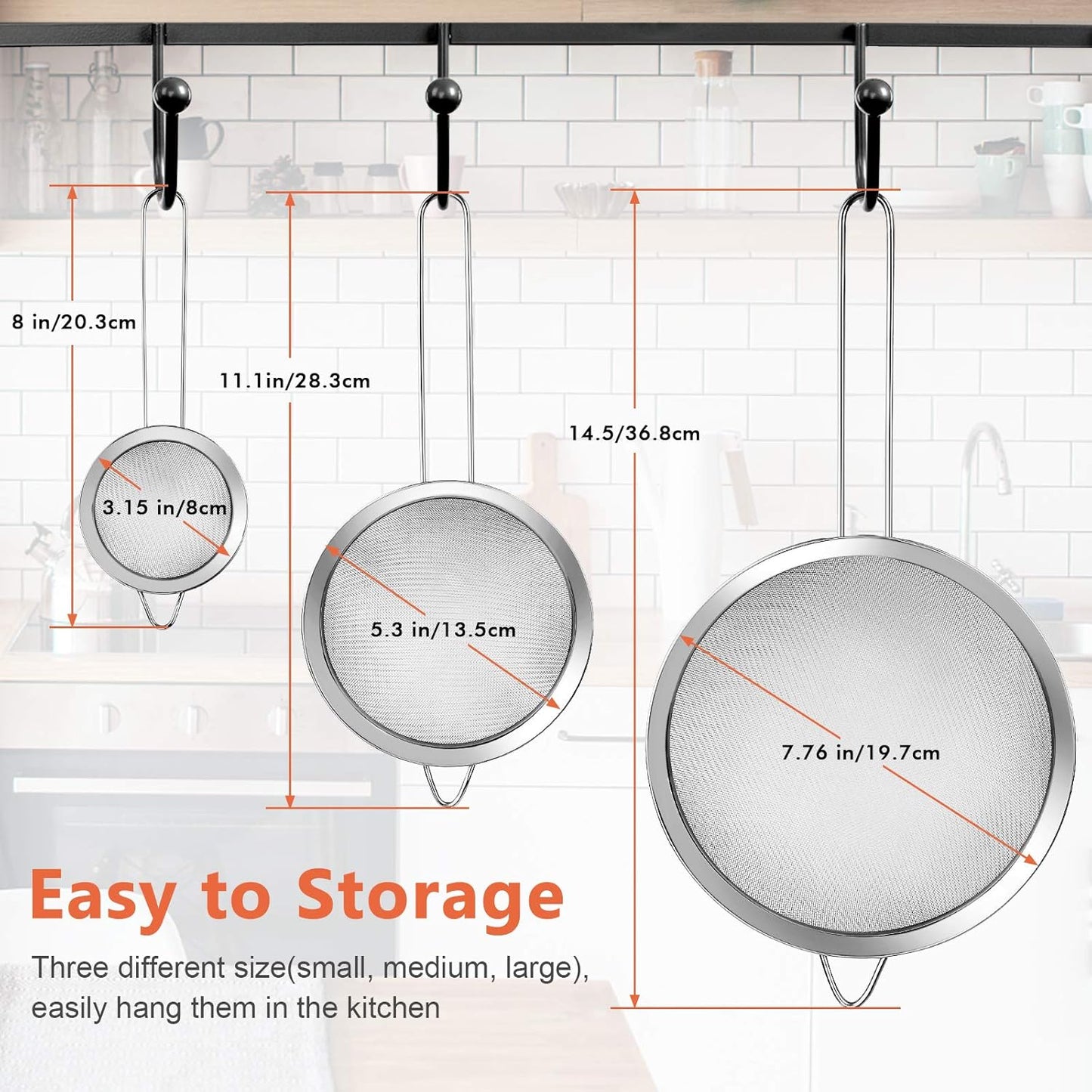 3PCS Stainless Steel Fine Mesh Strainer Set with Handle – Extra Fine Kitchen Sieves for Flour, Rice, Quinoa, Juice & Baking, Small Medium Large Sizes