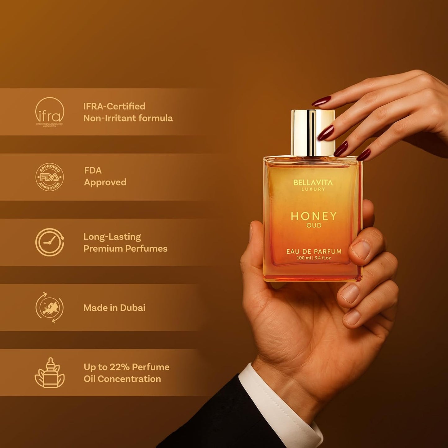 Bellavita Luxury Honey Oud Eau De Parfum – Unisex 3.4 Fl Oz, Long-Lasting Floral, Spicy & Vanilla Fragrance, Clean & Vegan, Cruelty-Free