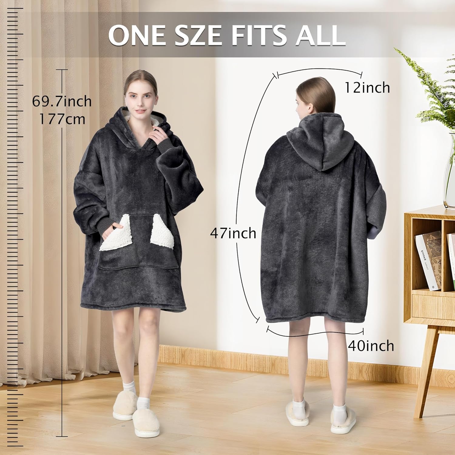Touchat Wearable Blanket Hoodie for Adults – Oversized Sherpa Fleece Sweatshirt Blanket with Hood, Sleeves & Giant Front Pocket, Ultra-Warm Cozy Grey Gift for Women