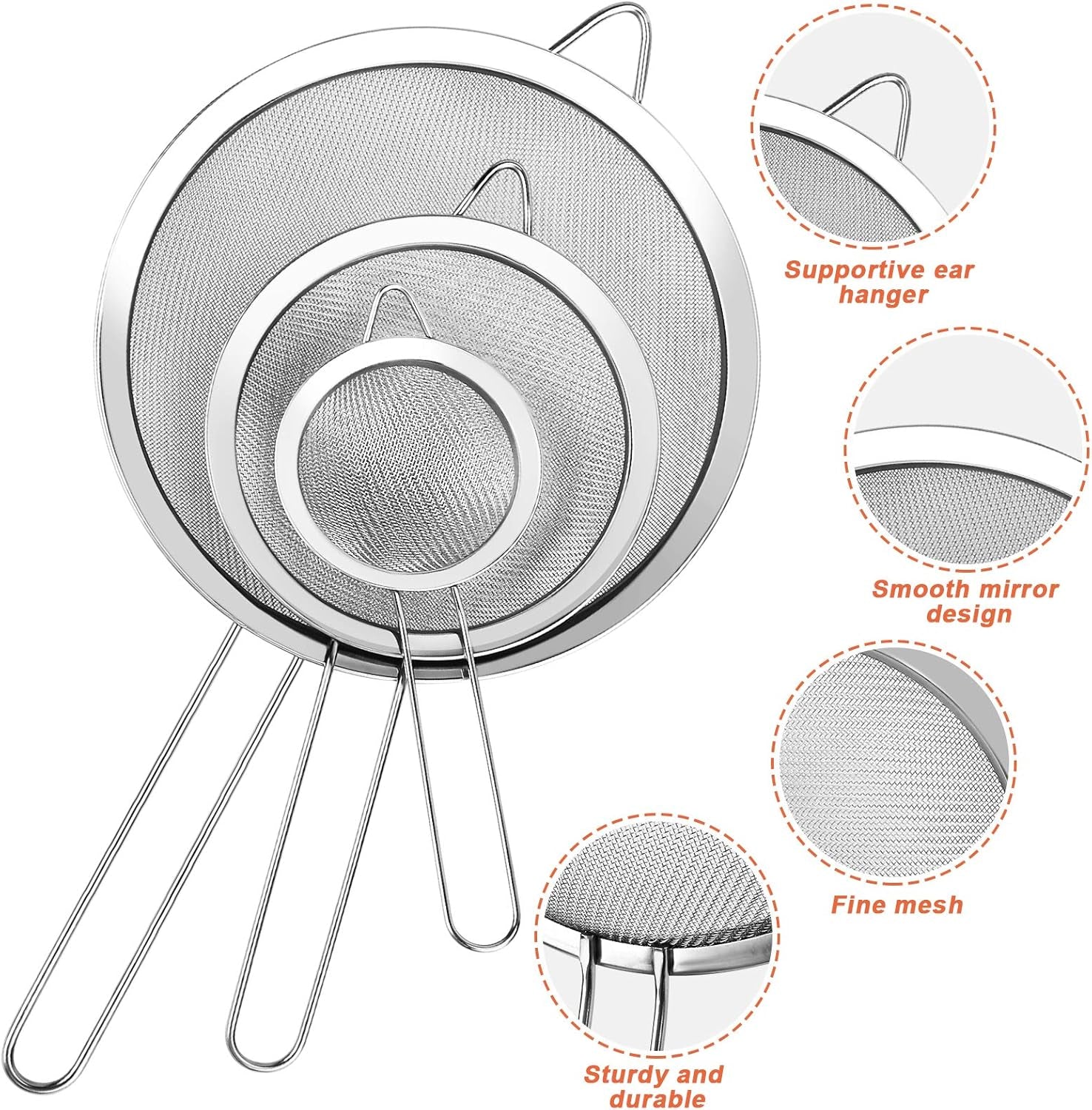 3PCS Stainless Steel Fine Mesh Strainer Set with Handle – Extra Fine Kitchen Sieves for Flour, Rice, Quinoa, Juice & Baking, Small Medium Large Sizes
