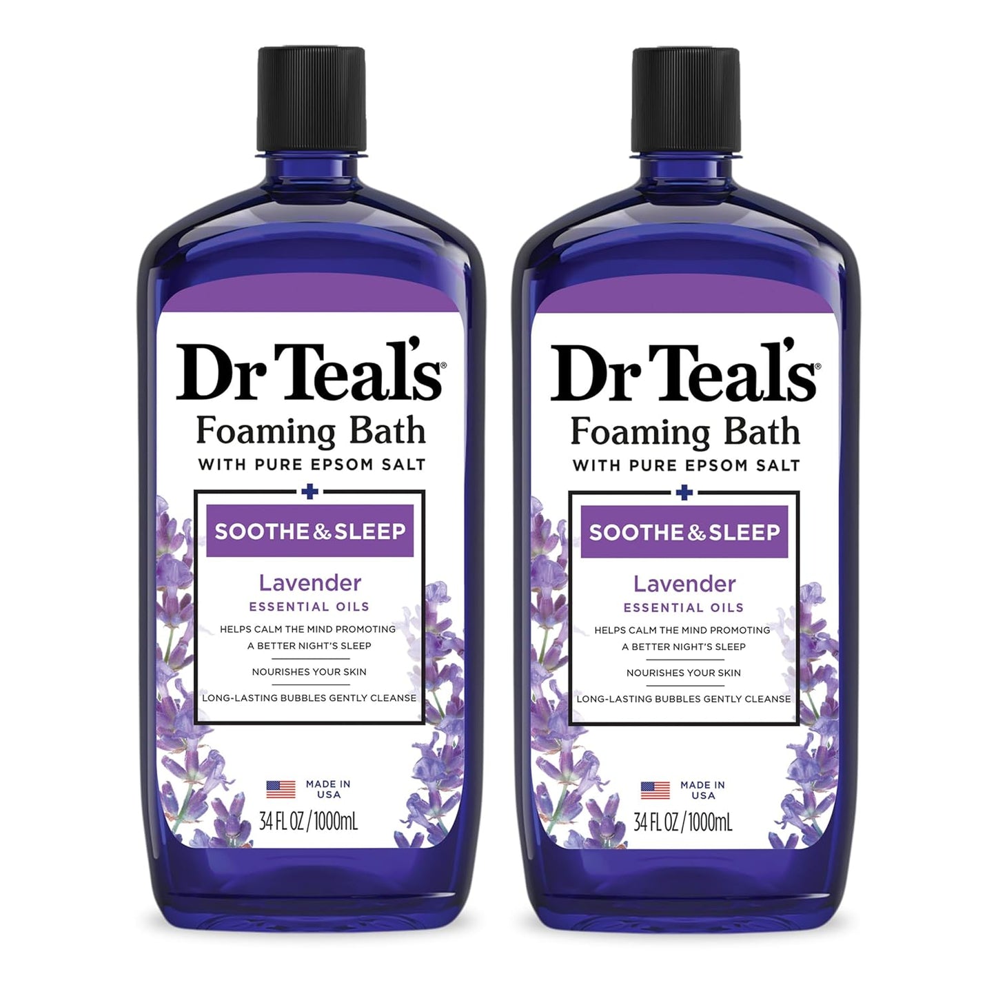 Dr Teal’s Foaming Bath with Pure Epsom Salt – Soothe & Sleep Lavender Bubble Bath Soak, Relaxing Aromatherapy Bath for Stress Relief & Better Sleep, 34 fl oz (Pack of 2)