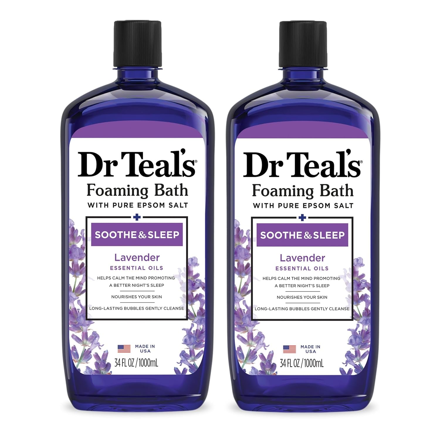 Dr Teal’s Foaming Bath with Pure Epsom Salt – Soothe & Sleep Lavender Bubble Bath Soak, Relaxing Aromatherapy Bath for Stress Relief & Better Sleep, 34 fl oz (Pack of 2)